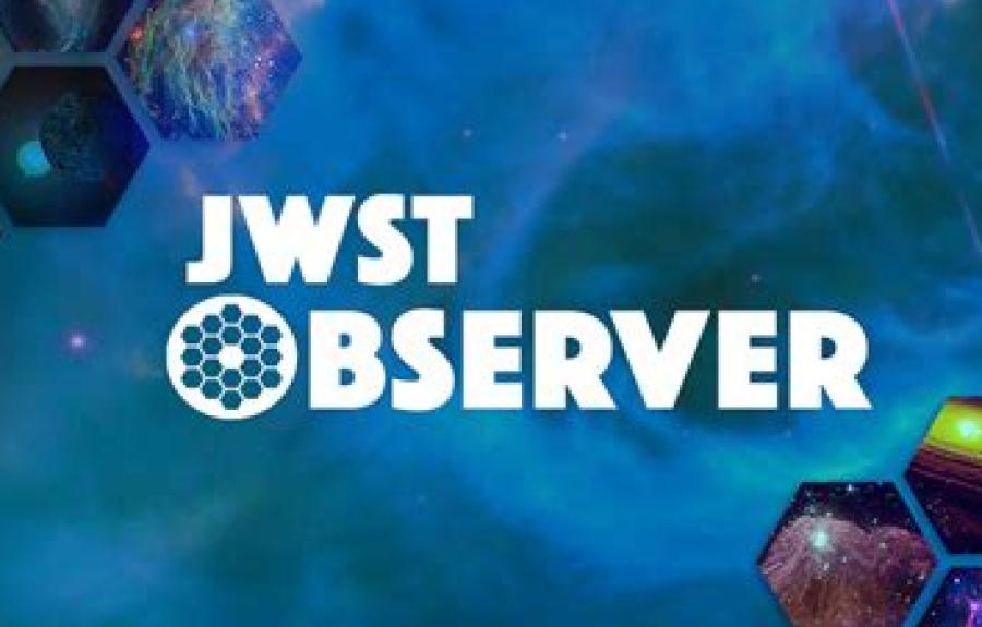 JWST Observer logo, white block letters spelling out "JWST Observer" on a blue background with hexagonal decorations on the corners of the image